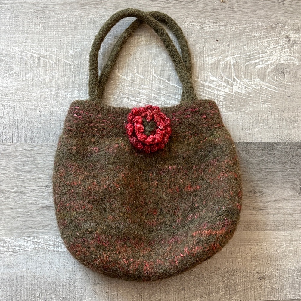 Handcrafted Olive Green and Red Felted Wool Handbag
